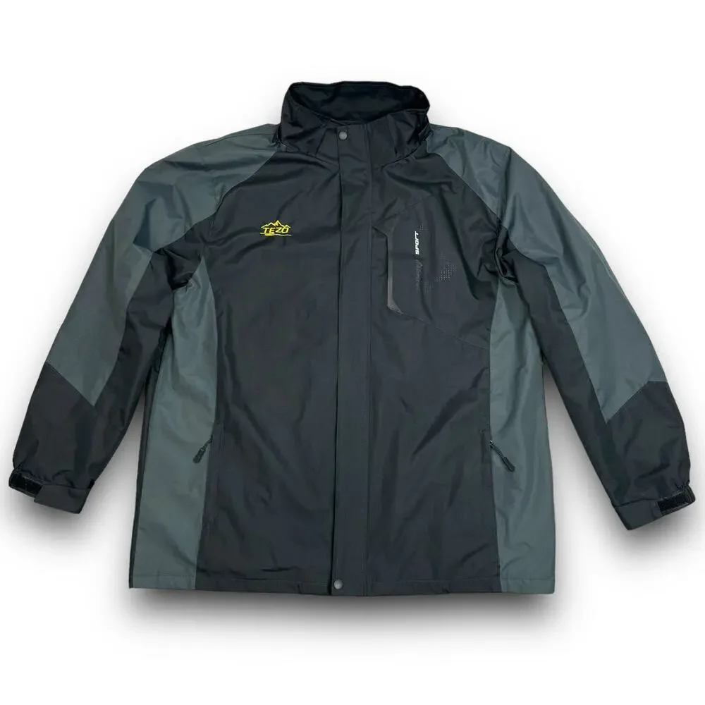 TEZO Mens Windbreaker Rain Jacket Water Resistant Removable Hood Black Gray XL